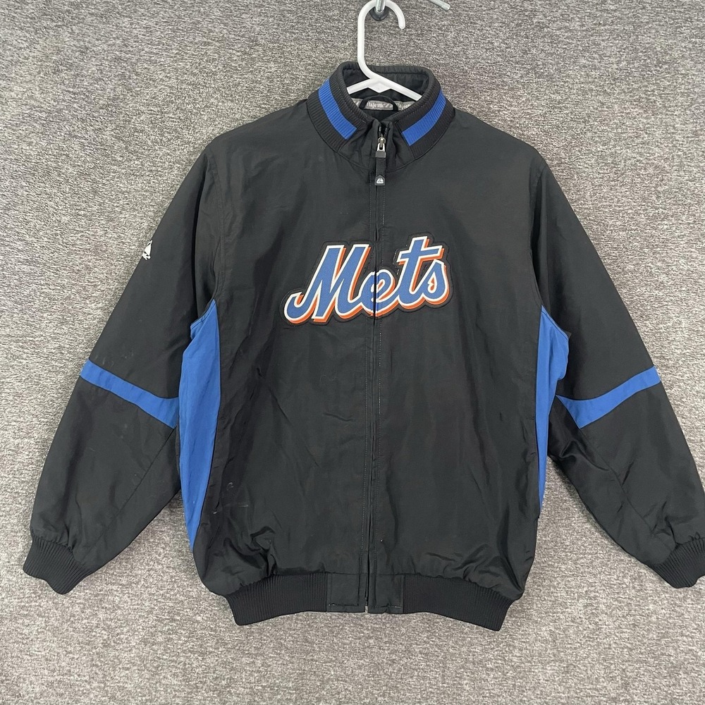New York Mets Dugout Jacket Zip Youth L Black Blue MLB Baseball Majestic Vtg 90s